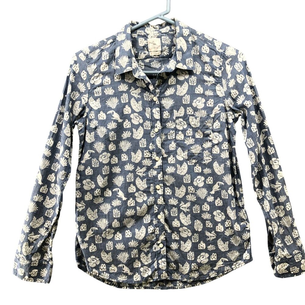 Gap Fitted Boyfriend Shirt Womens XS Long Sleeve Lightweight Blue White Tropical